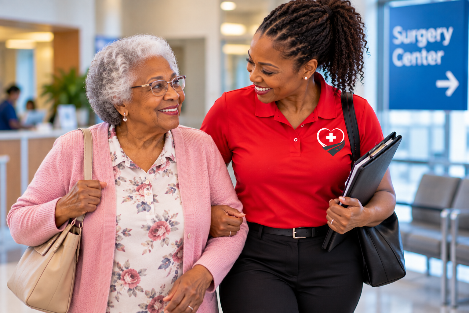 SOTGO companion in red polo walking arm-in-arm with senior woman through a surgery center